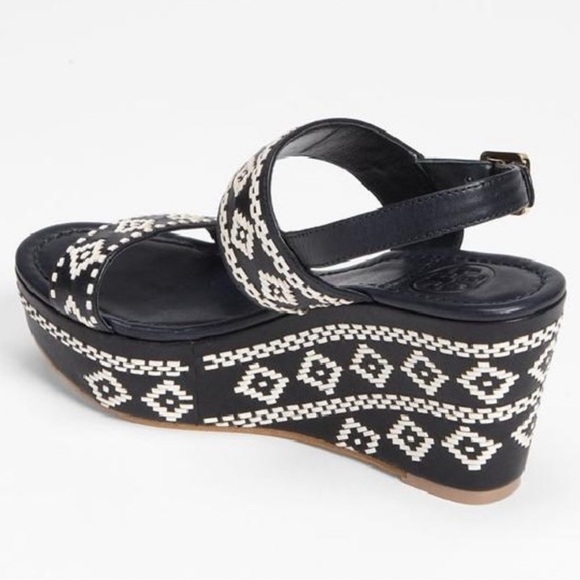 Tory Burch Reena Wedge Dark Navy and White Sandals Size Medium 8.5 - Picture 2 of 10